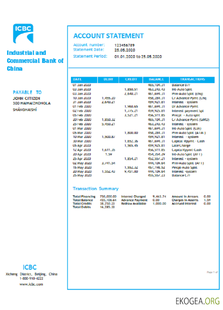 Modèle de relevé bancaire de la Banque industrielle et commerciale de Chine, format Word et PDF